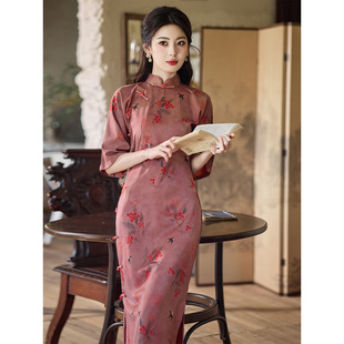 隐山少女·燕归南枝 豆沙棕燕子红梅印花古法倒大袖温婉日常旗袍