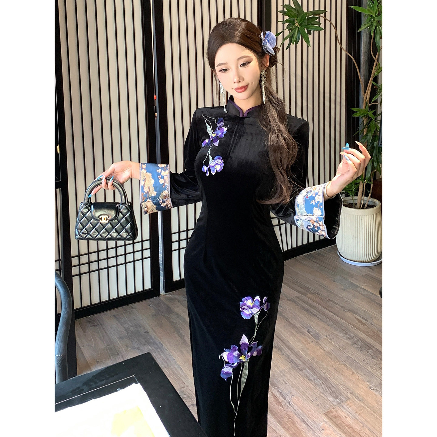 长袖旗袍女新中式2025新款秋冬黑色连衣裙丝绒复古气质民国风绝美