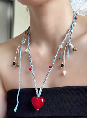 夏日多巴胺彩色编织爱心琉璃吊坠贝壳串珠撞色项链