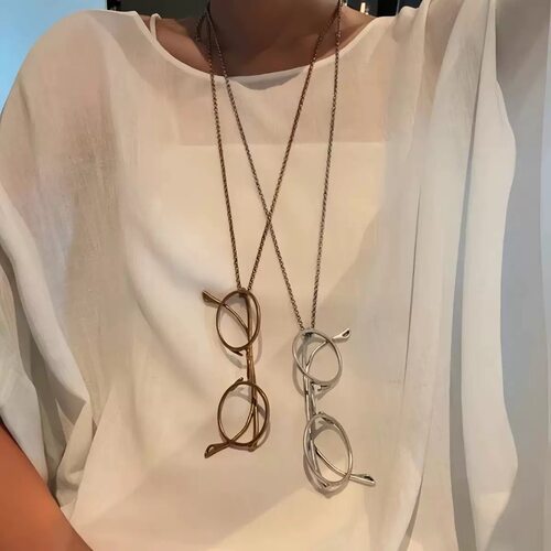 时髦摩登复古古金古银可调节中古眼镜造型长款毛衣链
