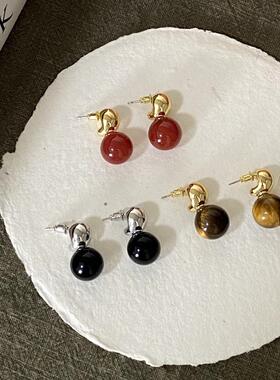 气质虎眼石玛瑙石秋冬耳钉耳饰女气质高级简约小众设计圆球耳坠