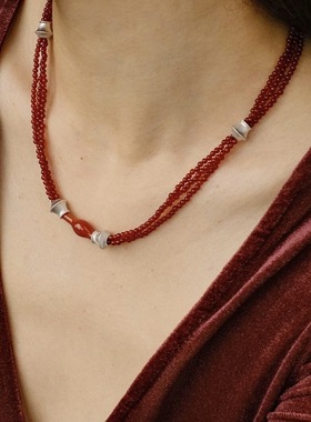 新中式红玛瑙项链本命年小众缠绕转运珠高级复古红串珠锁骨链项链