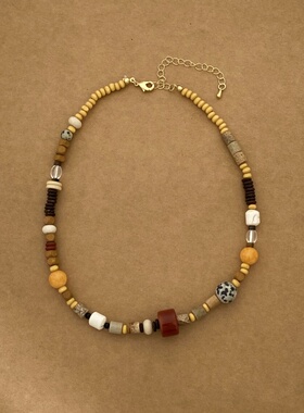 南法假日玉石木质串珠不对称彩色串珠锁骨链小众气质感项链女短款