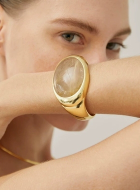 小众设计椭圆天然发晶石镂空镶嵌手环通勤百搭简约重工开口手镯