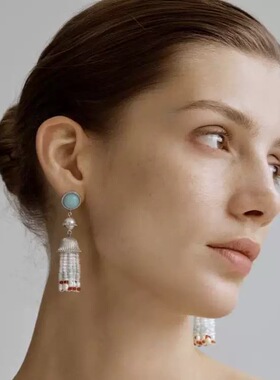 蓝色石复古轻奢流苏耳环名媛法式宫廷风优雅中式