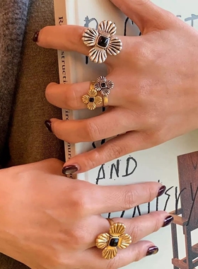 贝壳花复古做旧开口戒指小众设计四叶草幸运草指环戒指