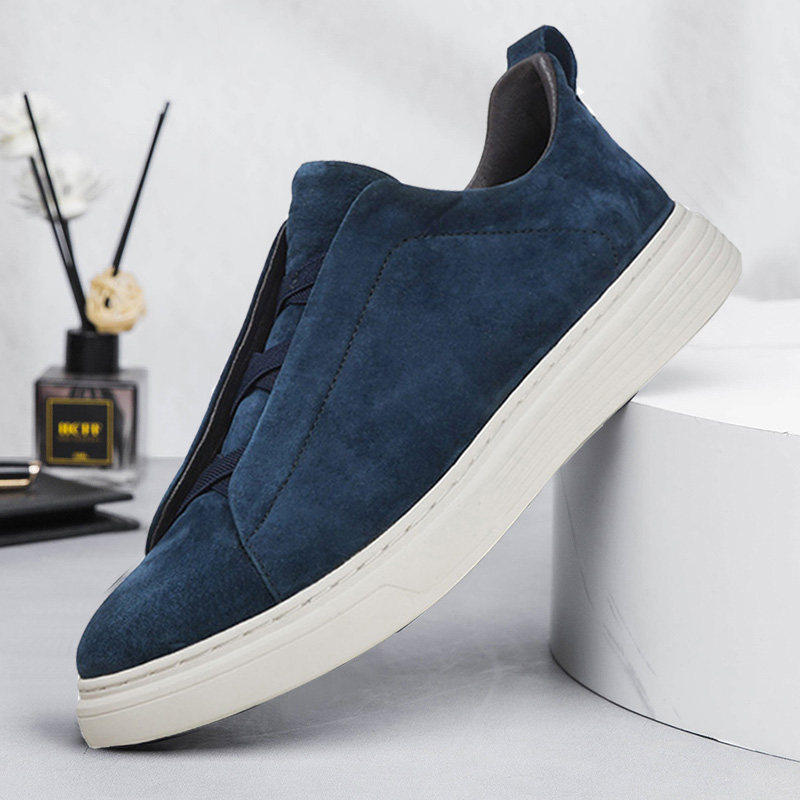 无鞋带男鞋春季绒面磨砂皮男士休闲皮鞋一脚蹬45真皮板鞋子大码46