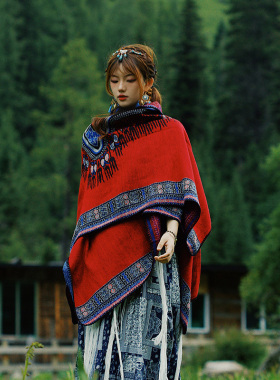 拍照敲好看~大西北旅行超大外搭披肩女民族风红色围巾冬斗篷披风
