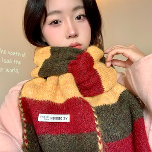 含羊毛围巾女秋冬2024新款高级感氛围感保暖围脖圣诞节新年红色