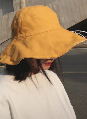 蔡小胖高级感大头围防晒渔夫帽女夏季防紫外线帽子黄色大沿遮阳帽