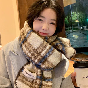 2条装 韩系复古羊羔毛绒格子围巾女冬季软糯氛围感加厚保暖围脖小