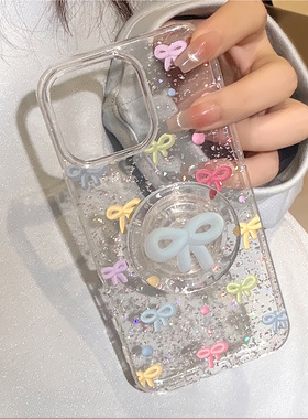 韩系适用苹果16promax手机壳17蝴蝶结支架iphone15闪粉11清透感12