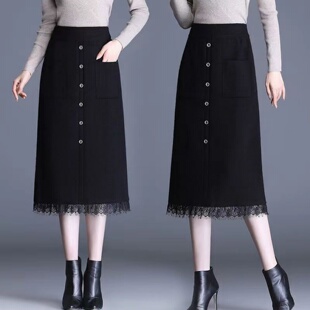 新款针织蕾丝拼接半身裙女中长款高腰A字裙黑色百搭显瘦中长裙