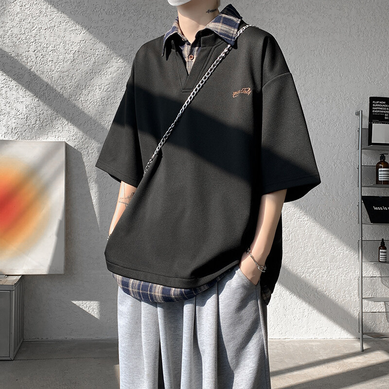 日本假两件短袖T恤男夏季拼接格子POLO衫翻领半袖设计感v领五分袖