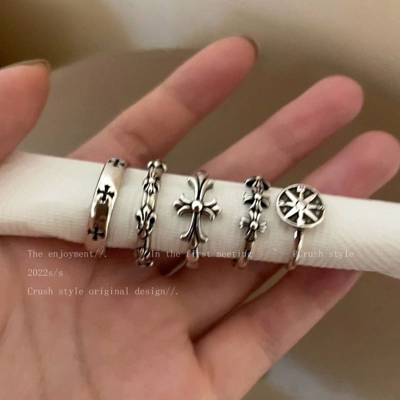 美式暗黑做旧十字架开口戒指女欧美风小众设计指环简约时尚个性食