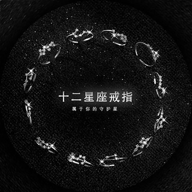 日式s925银戒指女小清新简约镶钻十二星座开口戒指单戒子专属戒指
