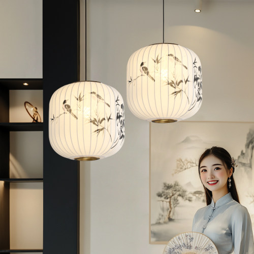 现代新中式布艺绘画灯笼吊灯中国风宋代美学酒店会所文旅餐厅灯饰