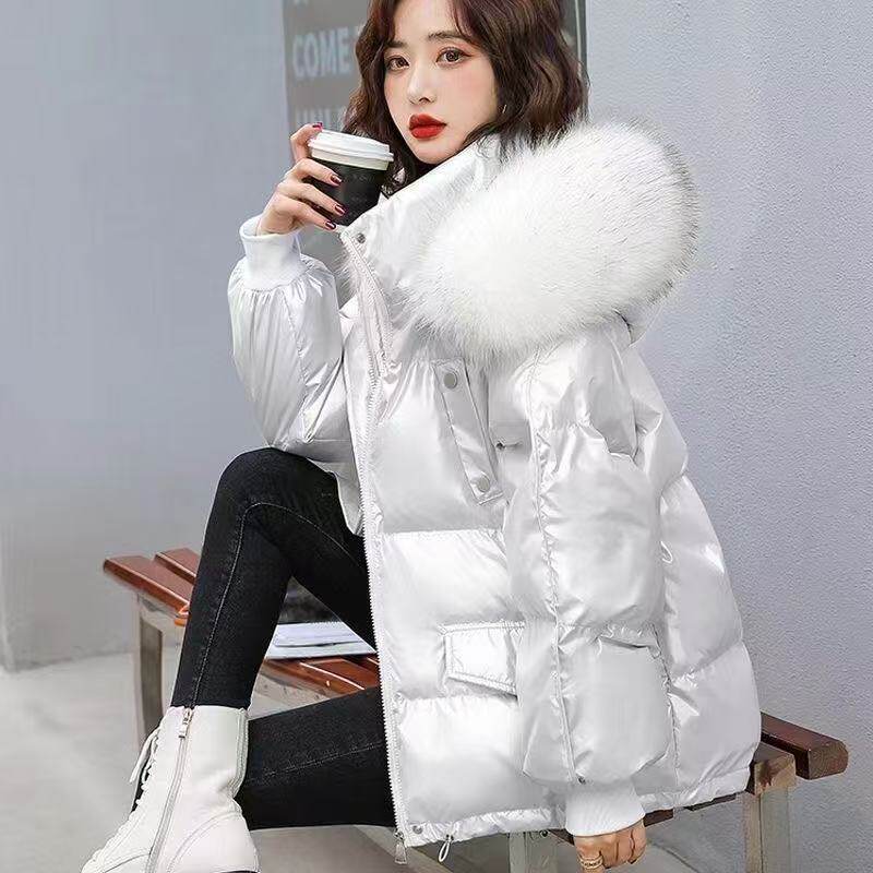 羽绒服亮面免洗女短款韩版时尚大毛领宽松面包服爆款白鸭绒厚外套