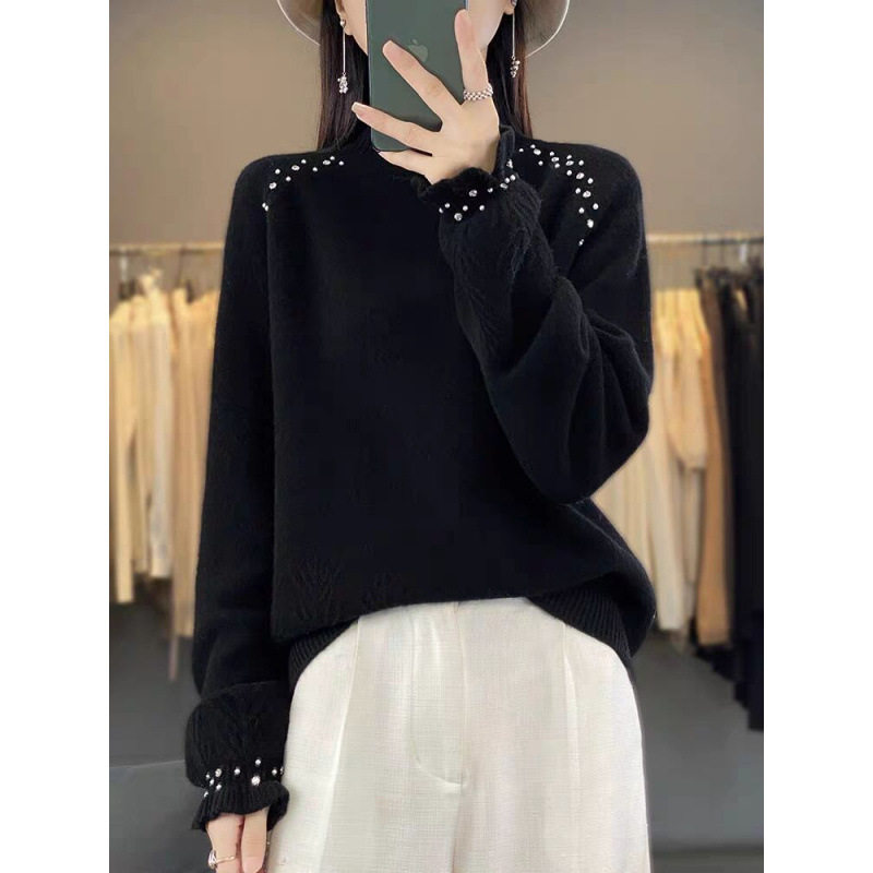 针织衫女秋冬款加厚宽松慵懒半高领公主袖羊绒打底毛衣上衣女