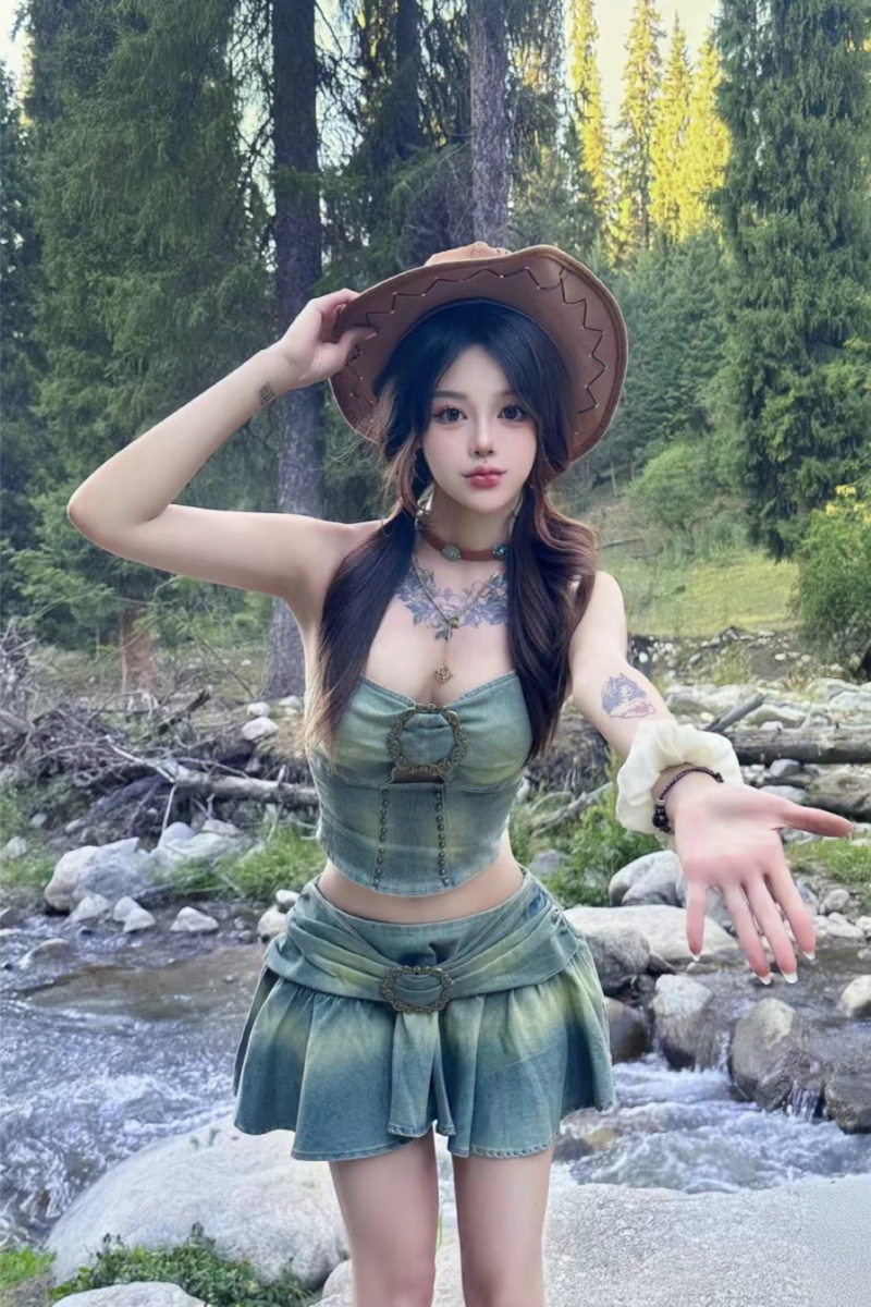 牛仔套装美式复古渐变牛仔挂脖吊带百褶短裤裙性感辣妹甜辣两件套
