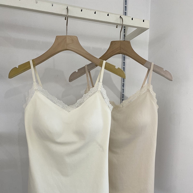 古妃3696早秋长款磨毛吊带背心女带胸垫无痕蕾丝边V领修身打底衫