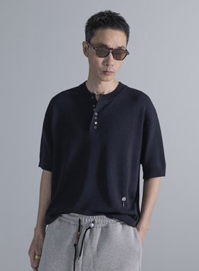 春夏新品圆领半开衫薄款针织半袖T恤亲肤透气个性潮牌体恤衫男士