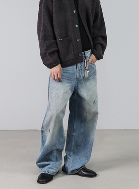 HOMME DE MODE蓝色秋冬做旧渐变牛仔裤水洗宽松尤其泼墨时装长裤