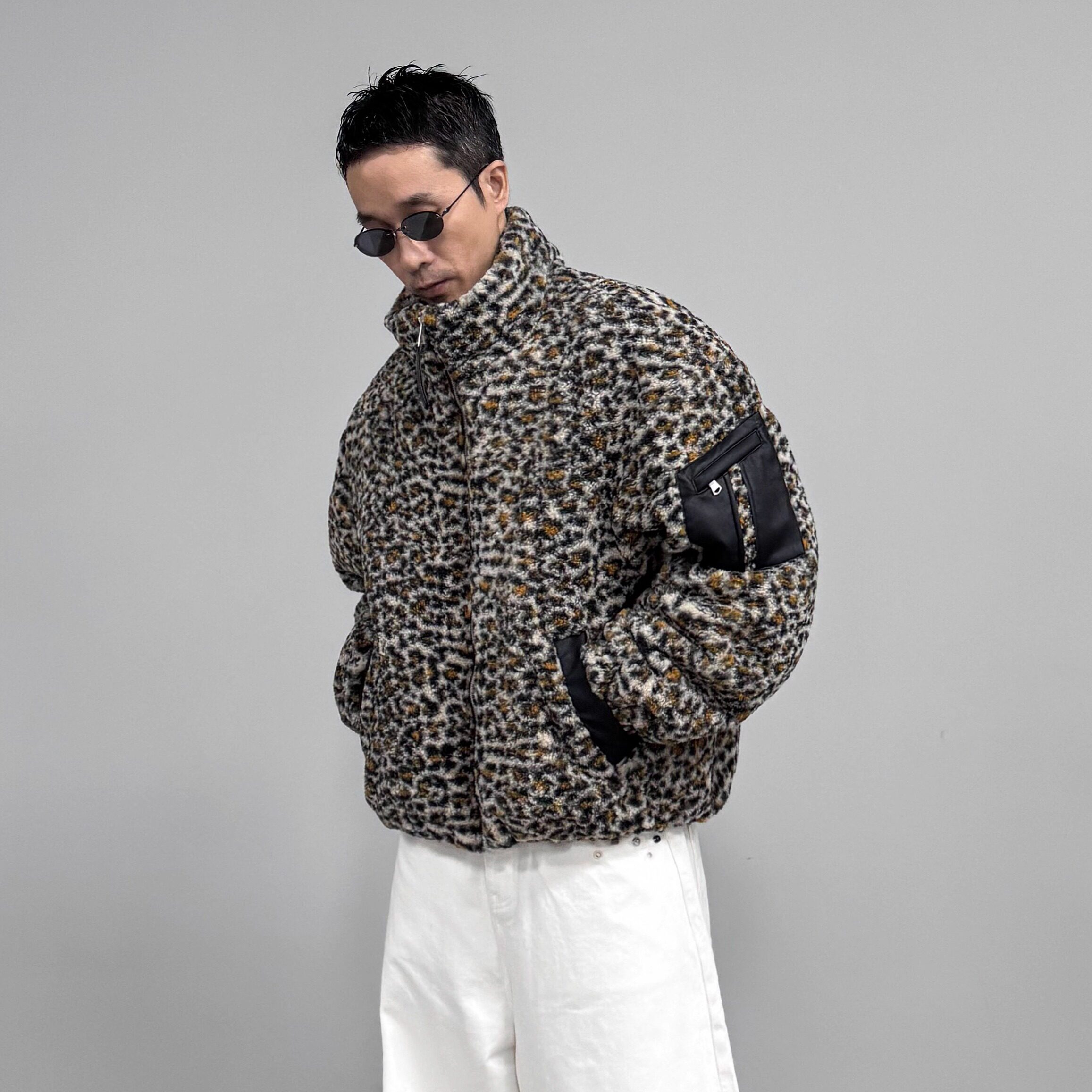 HOMME DE MODE豹纹加厚羊羔毛羽绒服宽松休闲保暖高领白鸭绒外套