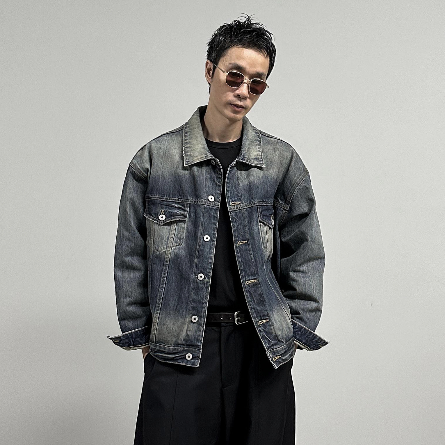 HOMME DE MODE秋冬蓝色牛仔羽绒服做旧水洗可拆卸白鸭绒内胆夹克