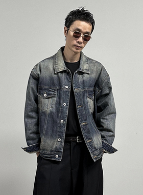 HOMME DE MODE秋冬蓝色牛仔羽绒服做旧水洗可拆卸白鸭绒内胆夹克