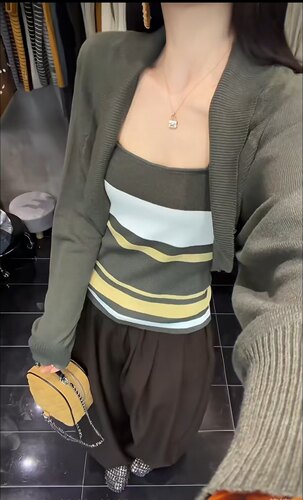秋季条纹抹胸+针织开衫两件套