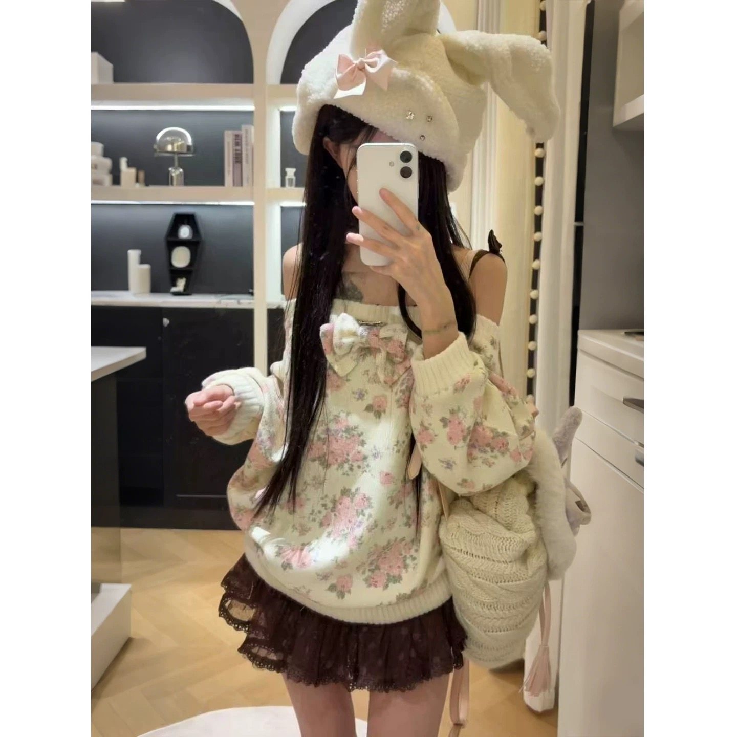 2026冬季古早千金风甜美减龄露肩碎花毛衣女设计感花朵印花针织衫,女装/女士精品,毛针织衫,淘宝优惠券,粉丝福利购,淘宝优惠卷