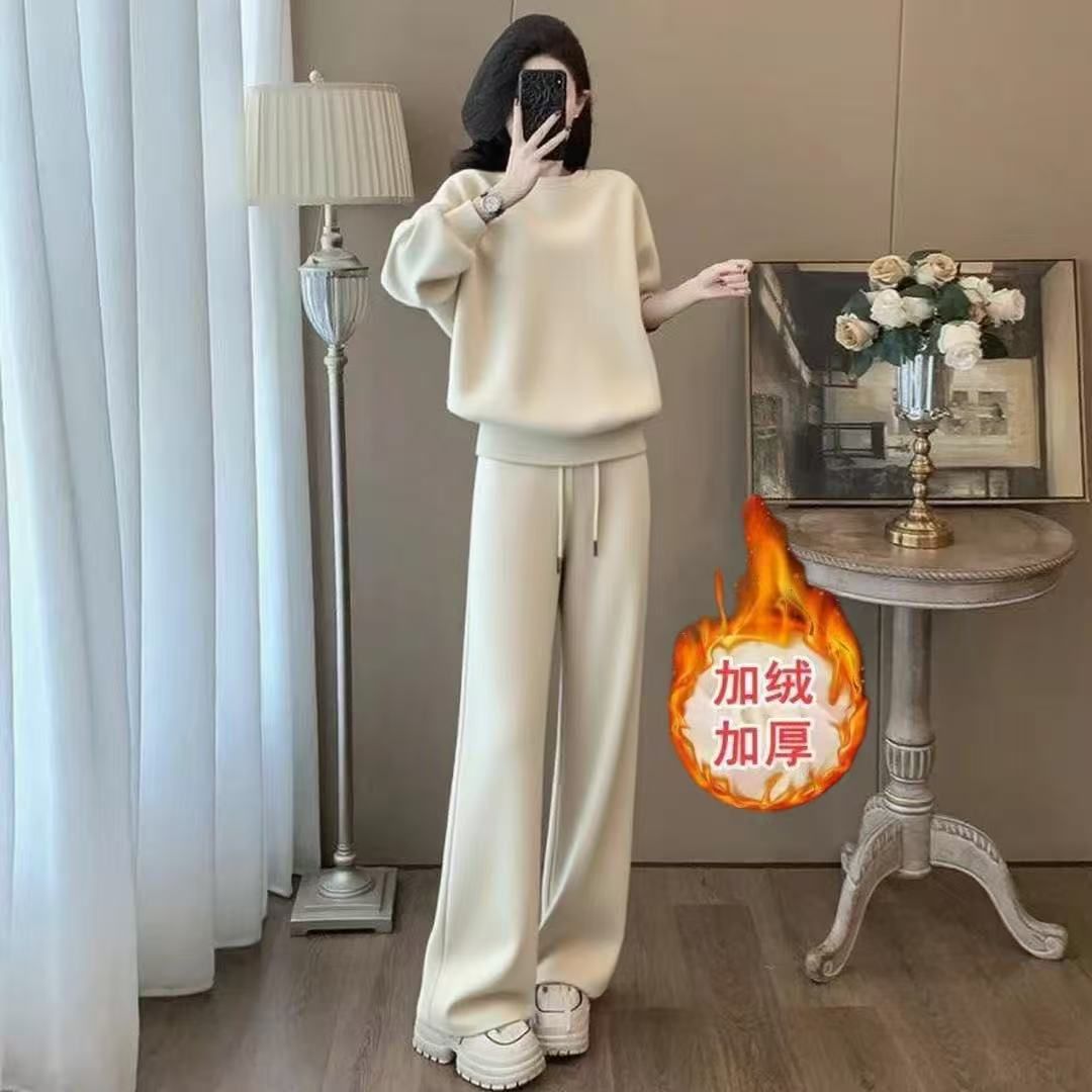 加绒加厚休闲运动套装女秋冬宽松减龄洋气时尚卫衣阔腿裤两件套潮