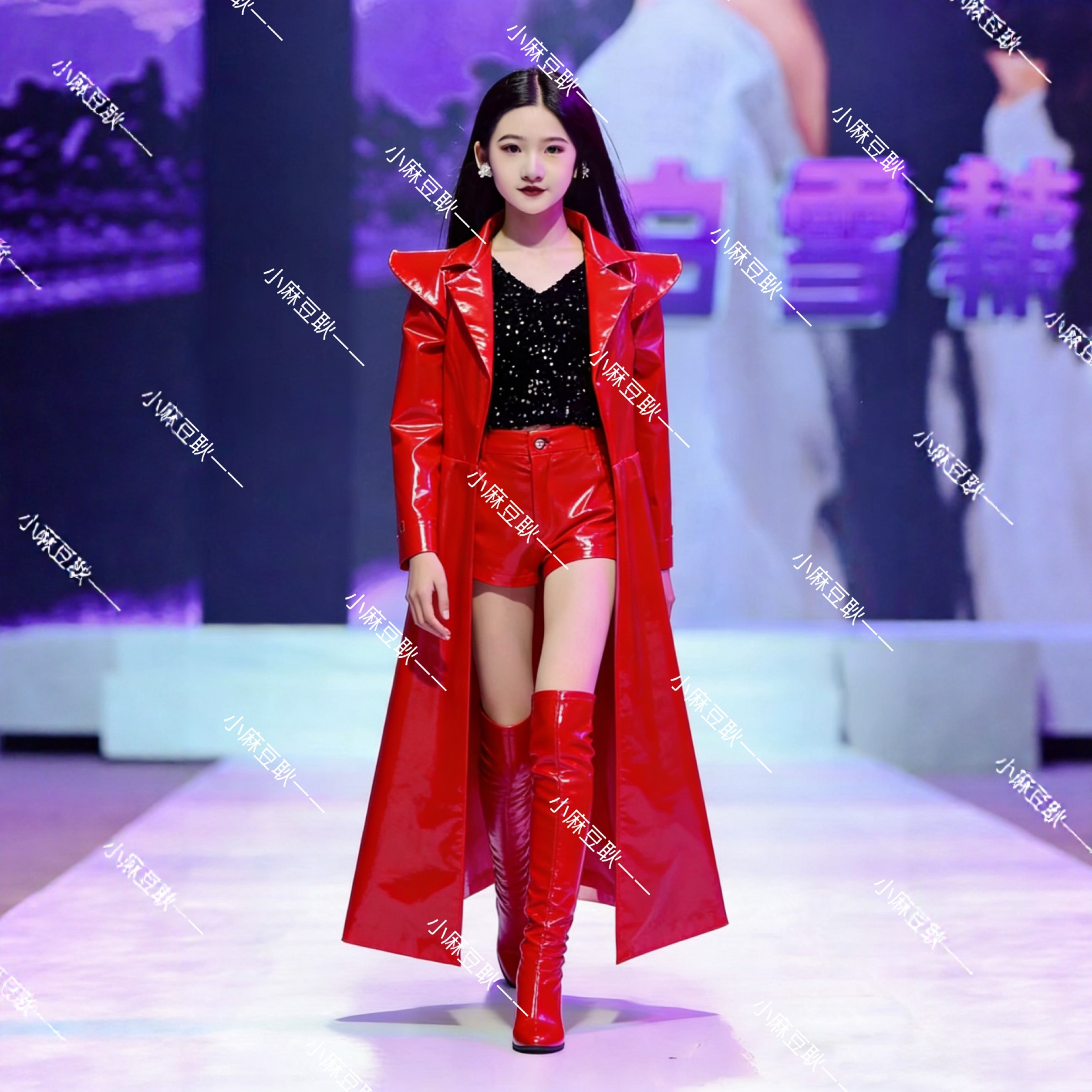 2026新款儿童模特T台走秀黑红配演出服女童红色皮衣机车服