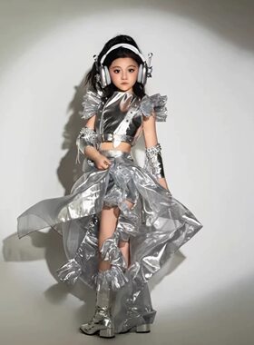 三体科技风儿童走秀服未来科幻风银色赛博元宇宙女童模特比赛服装