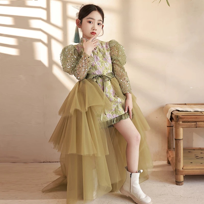 高端儿童礼服拖尾10岁生日宴女童公主裙模特走秀主持人轻奢演出服