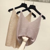 打底衫 2025秋季 内搭针织烫钻亮丝bling吊带背心女纯色无袖 V领上衣
