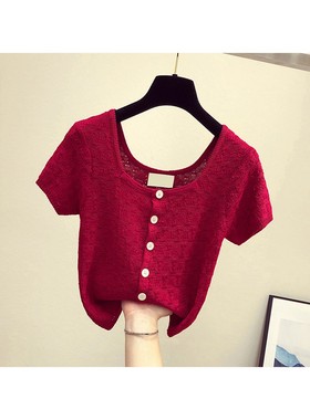 专柜网红冰丝短款t恤女2025新款夏修身绿色cec短袖针织上衣ins潮