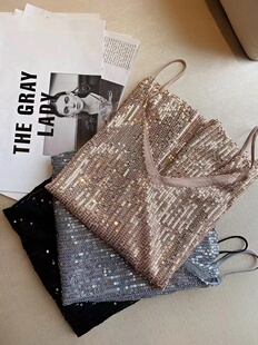 小众上衣辣妹大码 内搭 v领小吊带背心女夏外穿闪闪亮片bling西装