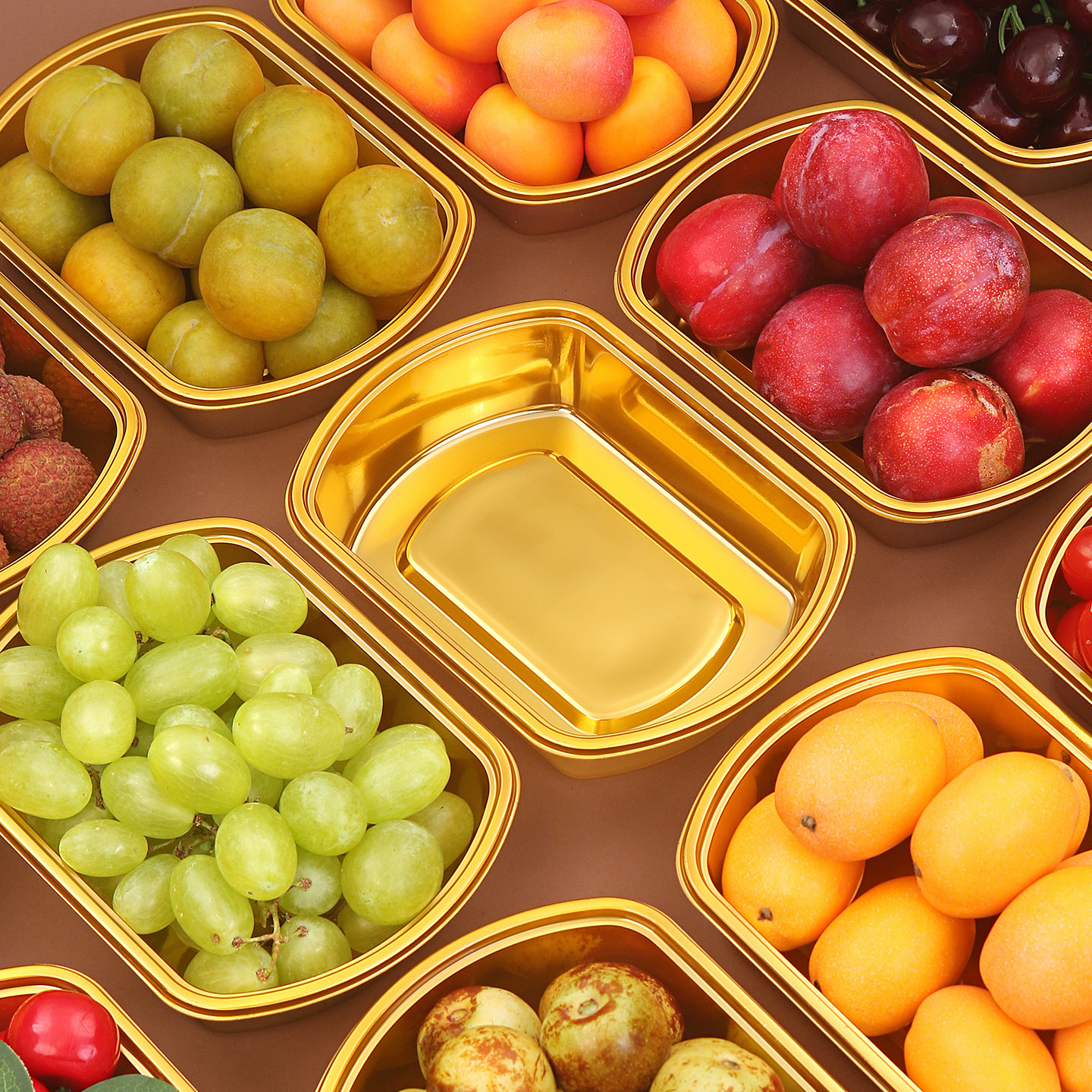 金色无盖水果盒一次性荔枝盒加厚椭圆形包装盒高档冰糖李打包盒子
