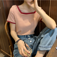 .#官圖 實價 棉 學院風方領減齡短袖上衣2021夏裝新