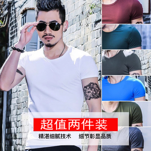 3968区男士短袖t恤圆领纯棉百搭上衣修身半袖纯白色t打底衫春夏季