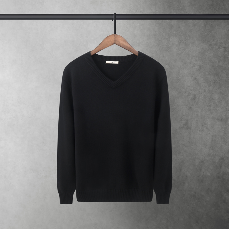 秋冬季 男士V领长袖毛衣套头纯棉毛线打底潮流保暧休闲纯色针织衫