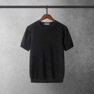 男士 免烫半袖 菱形镂空凉感圆领冰丝针织短袖 线衫 体桖 T恤薄款 夏季