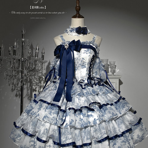 星未眠lolita2025春夏雨落青瓷鱼骨优雅cl原创礼服连衣裙