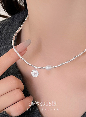 新款S925银竹节珍珠爱心吊坠项链