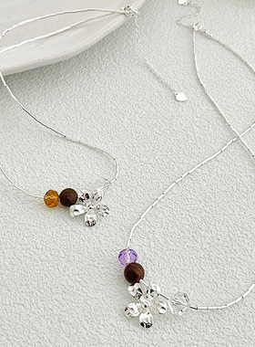 新款S925银银管花朵水晶檀木项链