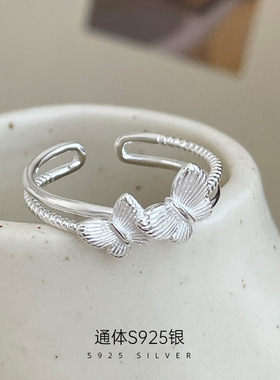 新款S925银甜美森系双蝴蝶戒指女