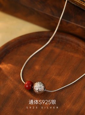 新款S925银碎碎冰红色朱砂项链女
