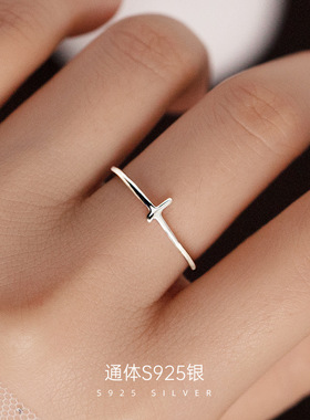 新款S925银日系十字架细款戒指女